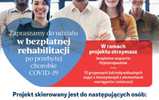 plakat promujący do udziału w bezpłatnej rehabilitacji po przebytej chorobie COVID-19